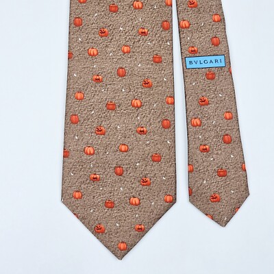 BVLGARI BULGARI TIE Halloween Pumpkin on Brown 7 Fold  Silk Necktie