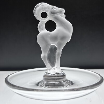 LALIQUE Signed Art Deco France Ram Ring Dish Jewelry Aries Gift Frosted Crystal