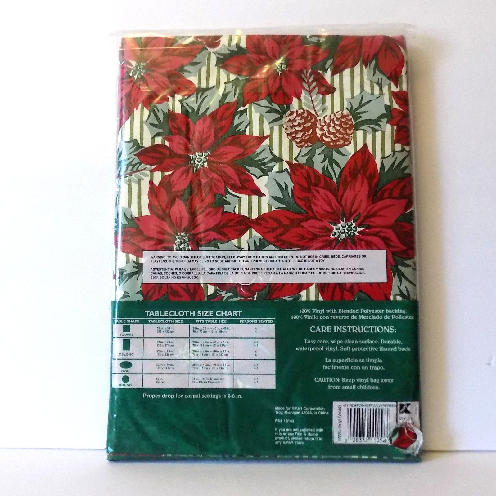 Round Vinyl Tablecover Poinsettia Holly Berry Flannel Back Christmas Holiday