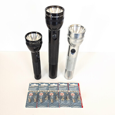 Lot of 3 Maglite Flashlights, 3D, 2D, & 2C Cell, Replacement Bulbs 2-Cell C&D