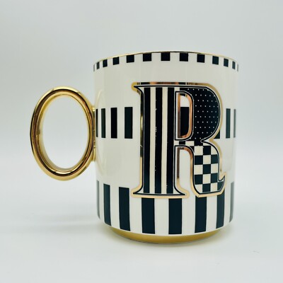 MacKenzie Childs My Mug Coffee Cup Initial R White, Black & Gold New w/Box