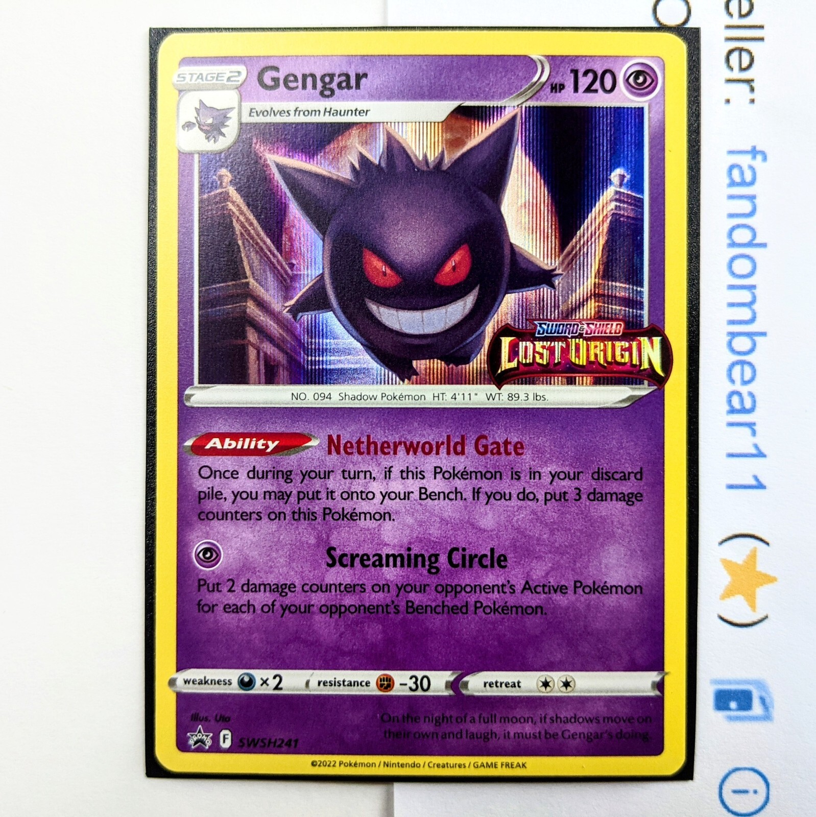 Gengar STAMPED Holo Prerelease card PROMO SWSH241 SWSH Lost Gengar STAMPED Holo Prerelease card PROMO SWSH241 SWSH Lost