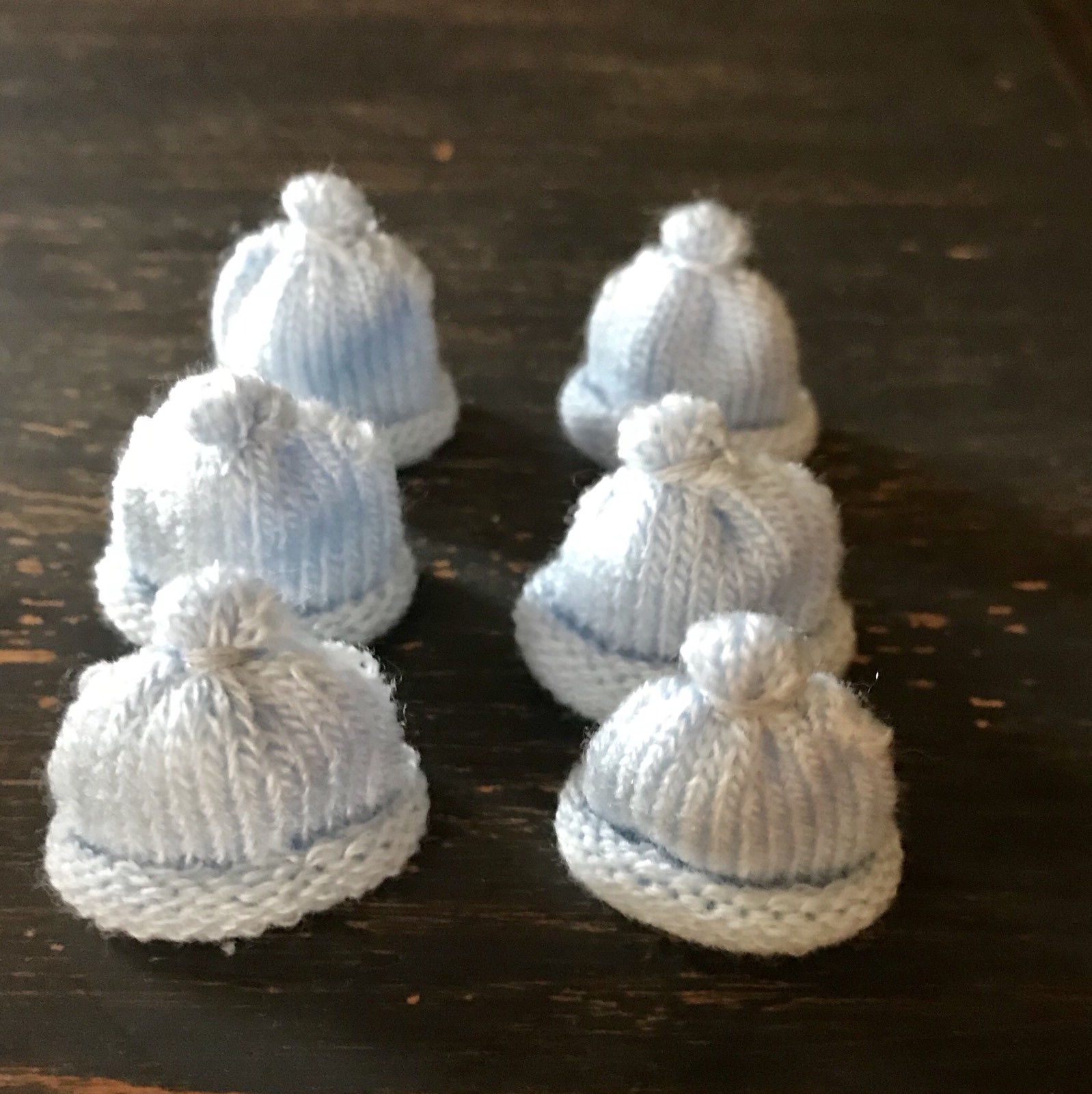 Six Tiny 1” Handmade Blue Knit Hats