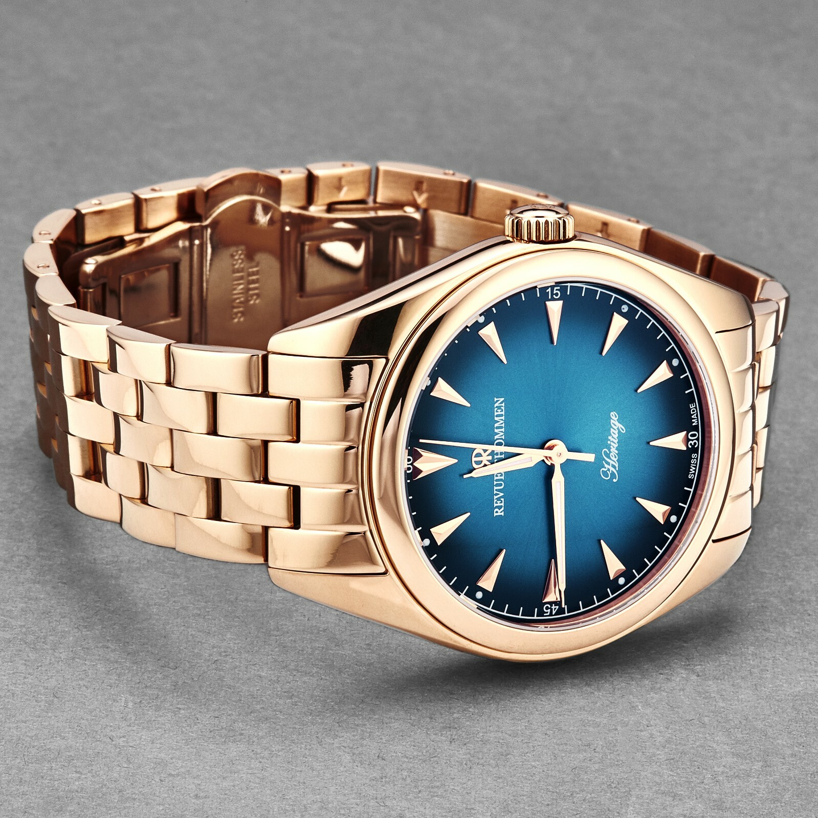 Pre-owned Revue Thommen Mens Heritage Blue Dial Goldtone Bracelet Automatic 21010.2165