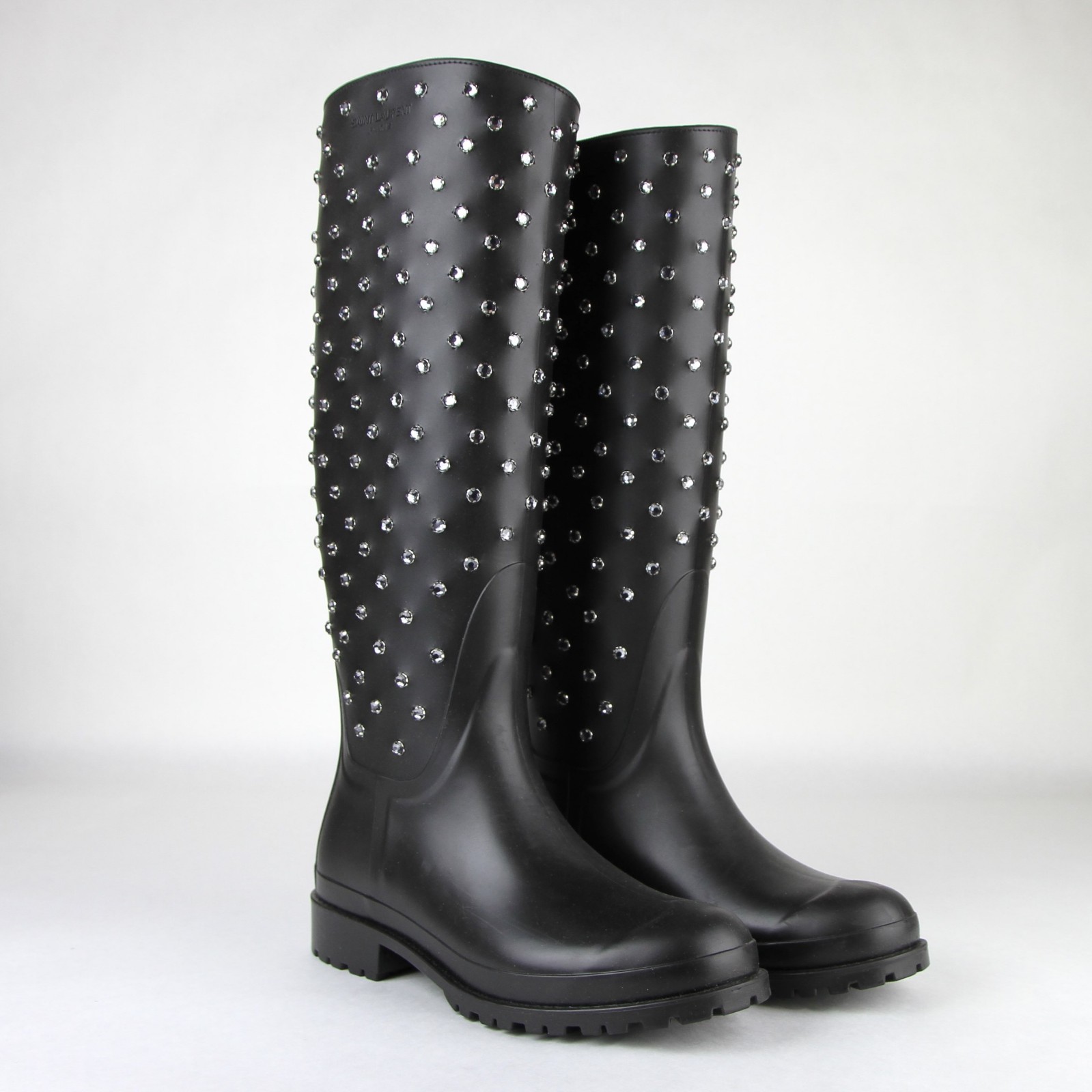 Pre-owned Saint Laurent Women Black Rubber Rain Boots W/crystal Studs 427307 1000