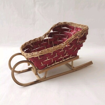 Vintage Wicker Sleigh Red Green Christmas Decor Rustic Farmhouse Assemblage 