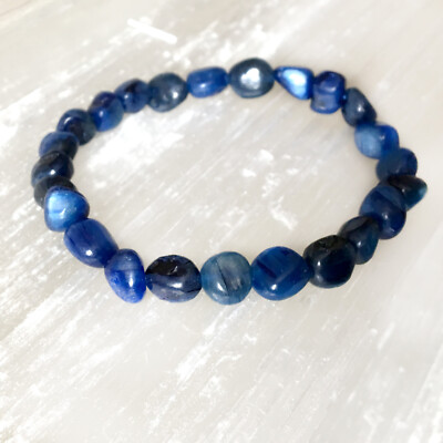 Blue Kyanite Bracelet Polished Stone Beads Natural Gemstone Nugget Reiki Heal