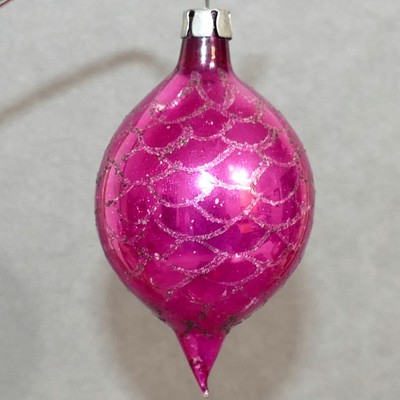 Christmas Ornament Glass POLAND Tear Drop INDENT Vintage Fuchsia Hot Pink 3