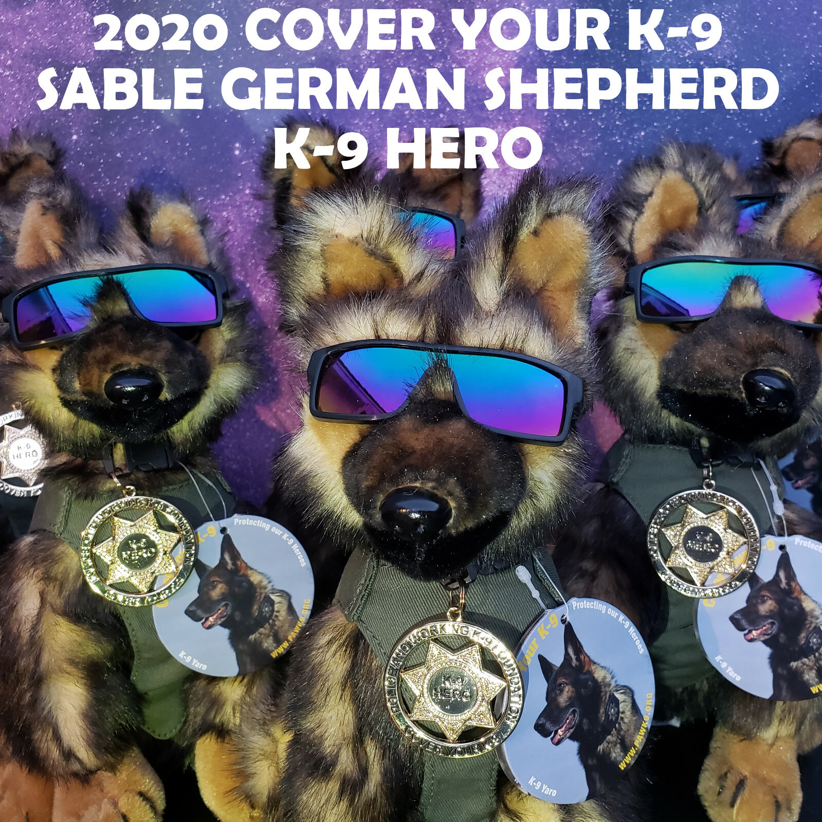 Sable German Shepherd Plush Police Dog w K9 Badge Mirrored Shades K9 fundraiser