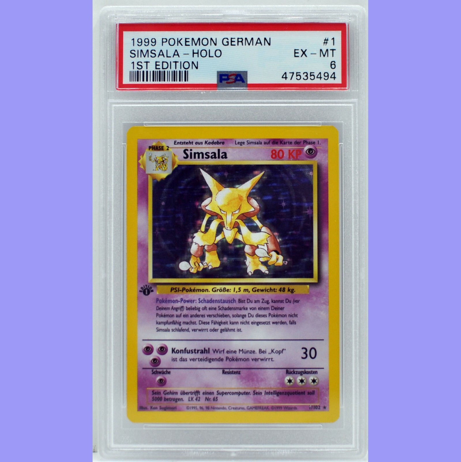 Pokemon 1st Ed Base Set German Alakazam (Simsala) Holo #1 PSA 6