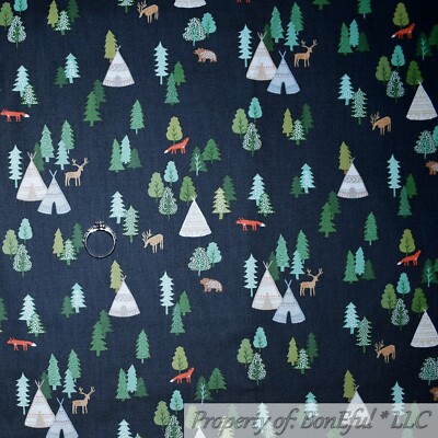 BonEful FABRIC FQ Cotton Quilt Navy Blue Woodland Forest Animal Tree Fox Tent MI