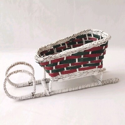Vintage Wicker Sleigh White Red Green Christmas Decor Rustic Farmhouse Small