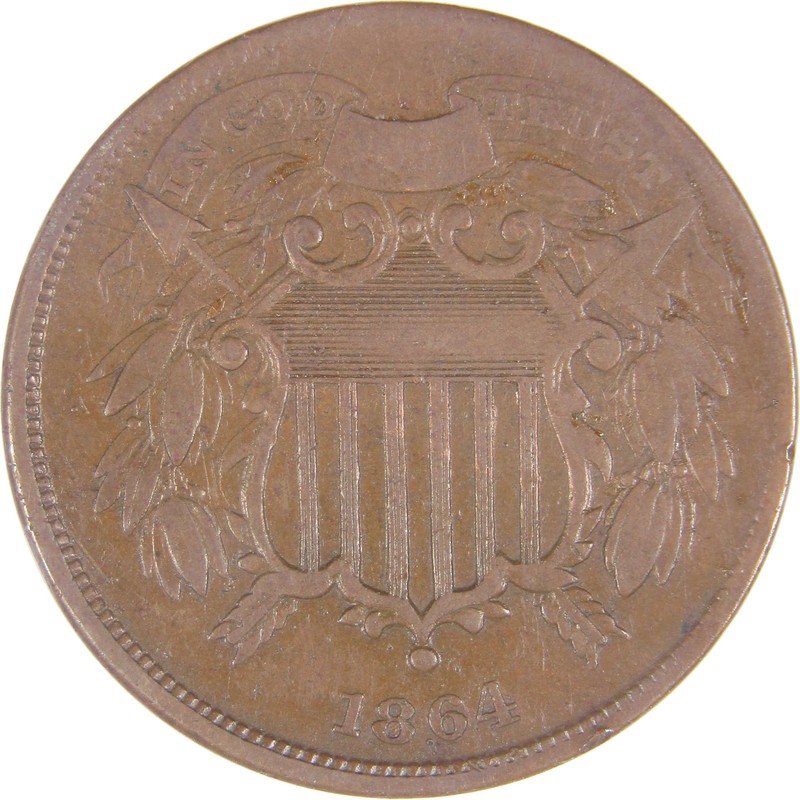 1864 Small Motto Two Cent Piece F Fine 2c Coin