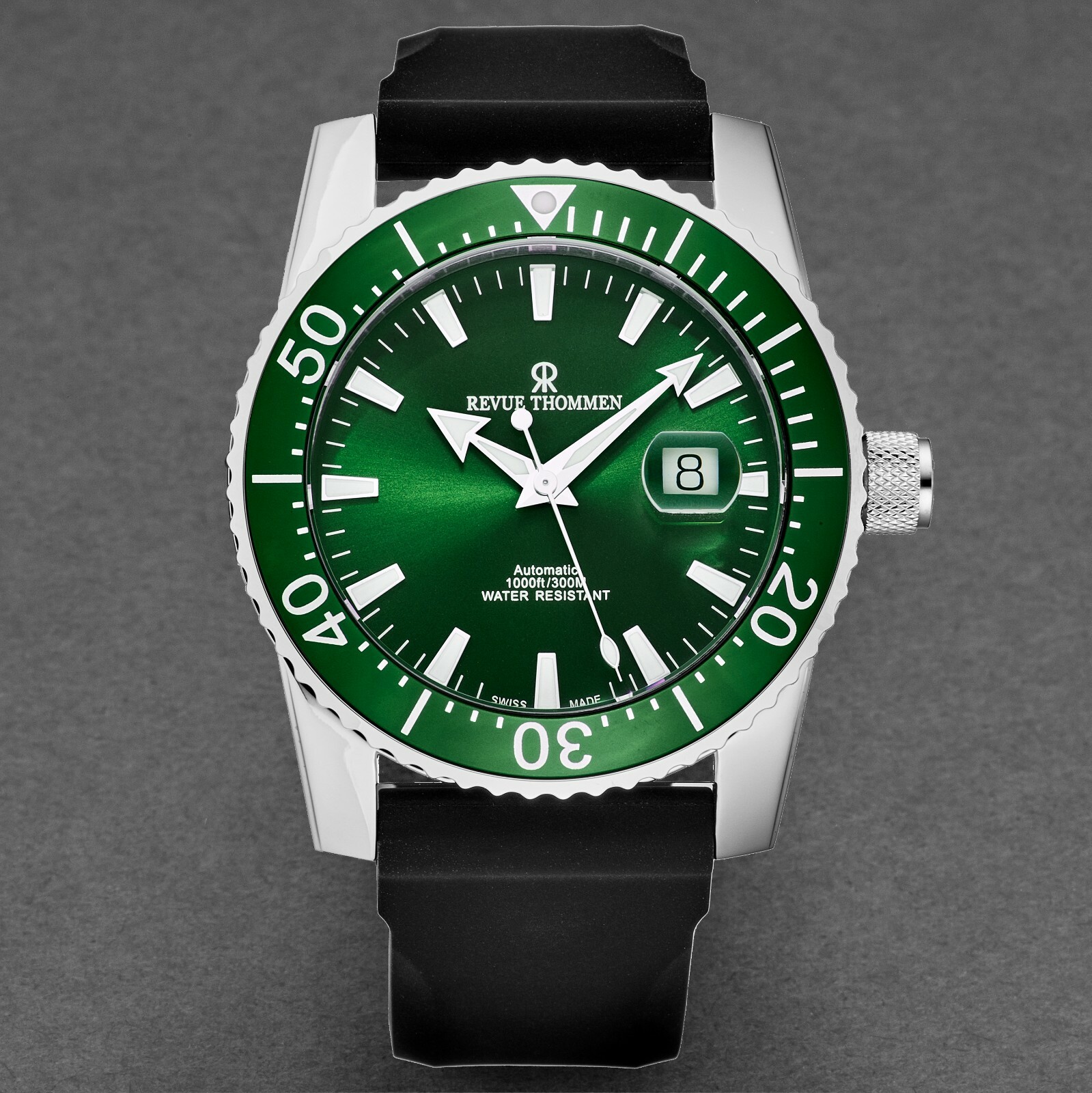 Pre-owned Revue Thommen Men's 17030.2534 'diver' Green Dial Rubber Strap Automatic Watch