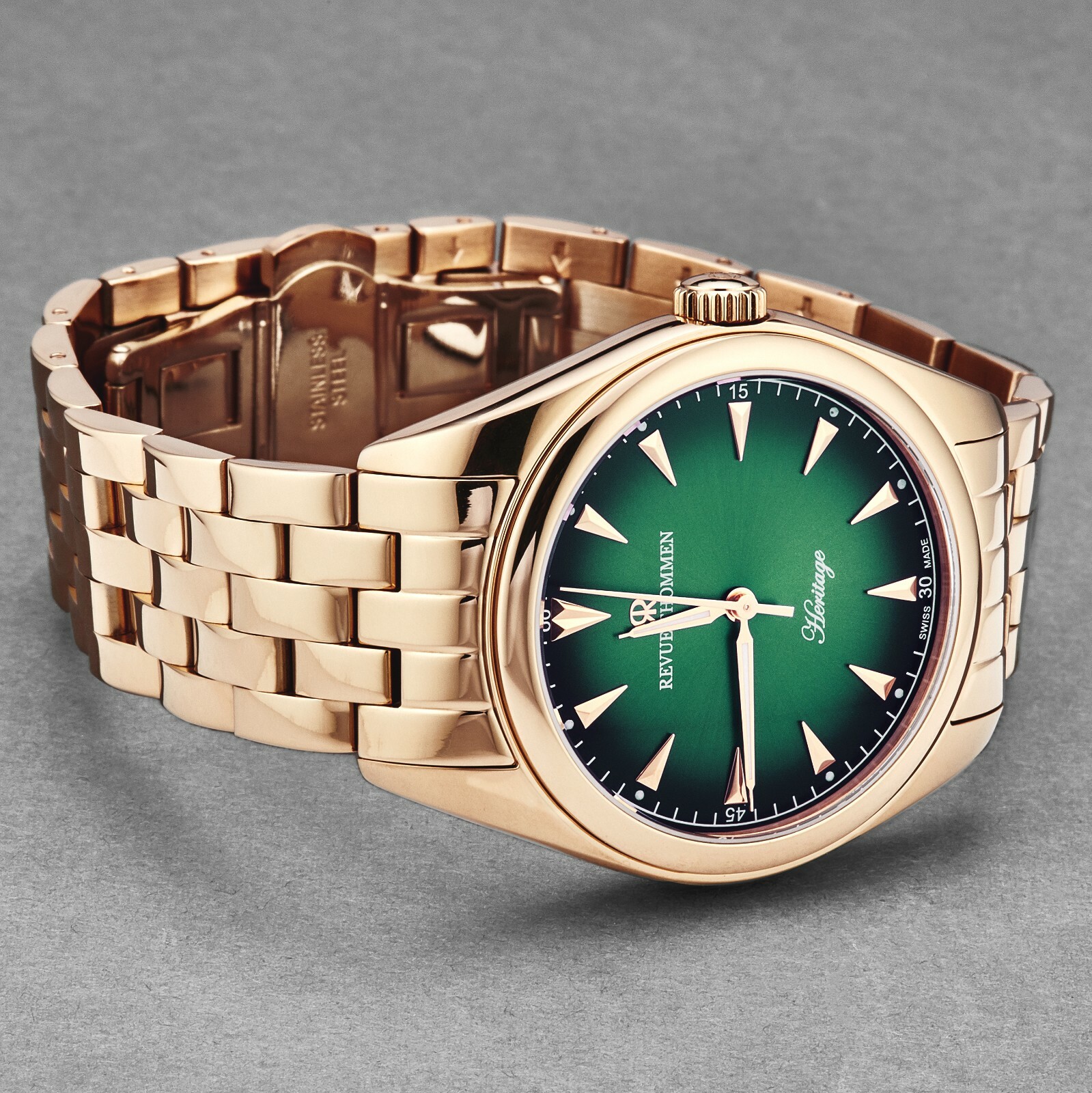 Pre-owned Revue Thommen Mens Heritage Green Dial Goldtone Bracelet Automatic 21010.2164