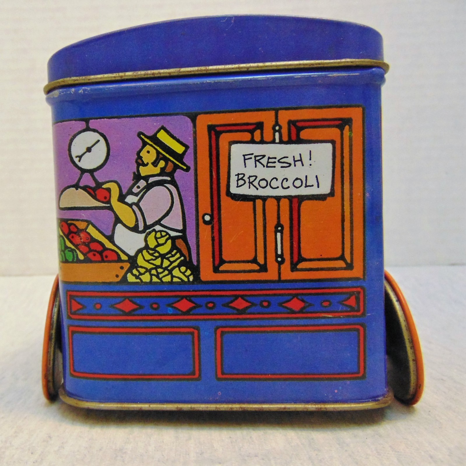 Vintage J.S.N.Y. Fruit Wagon Tin Container w/Wheels That Turns