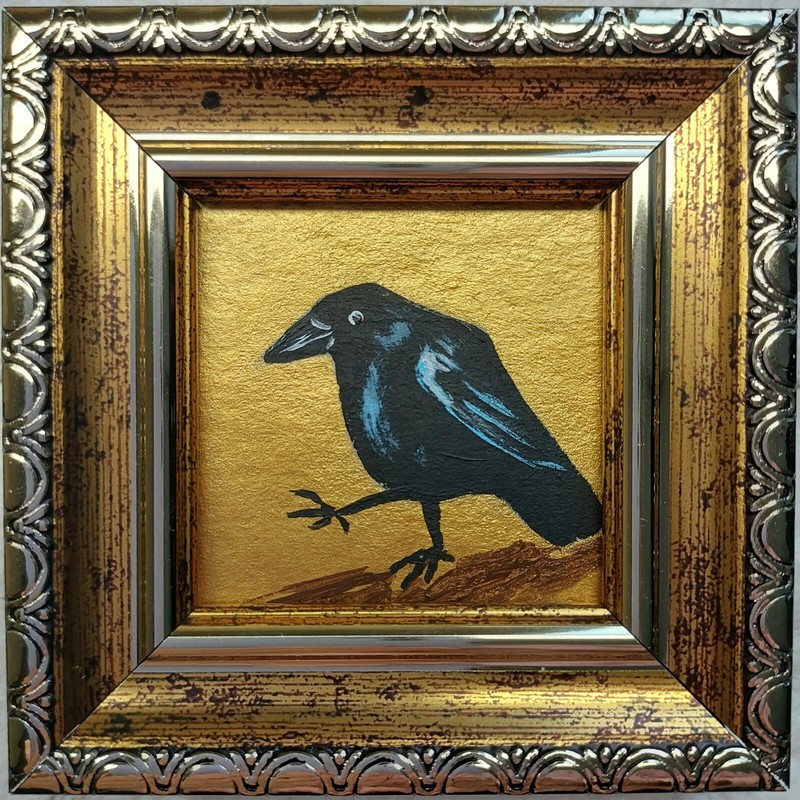 Crow Painting Bird 2x2 Oil Painting Raven Wall Art Golden