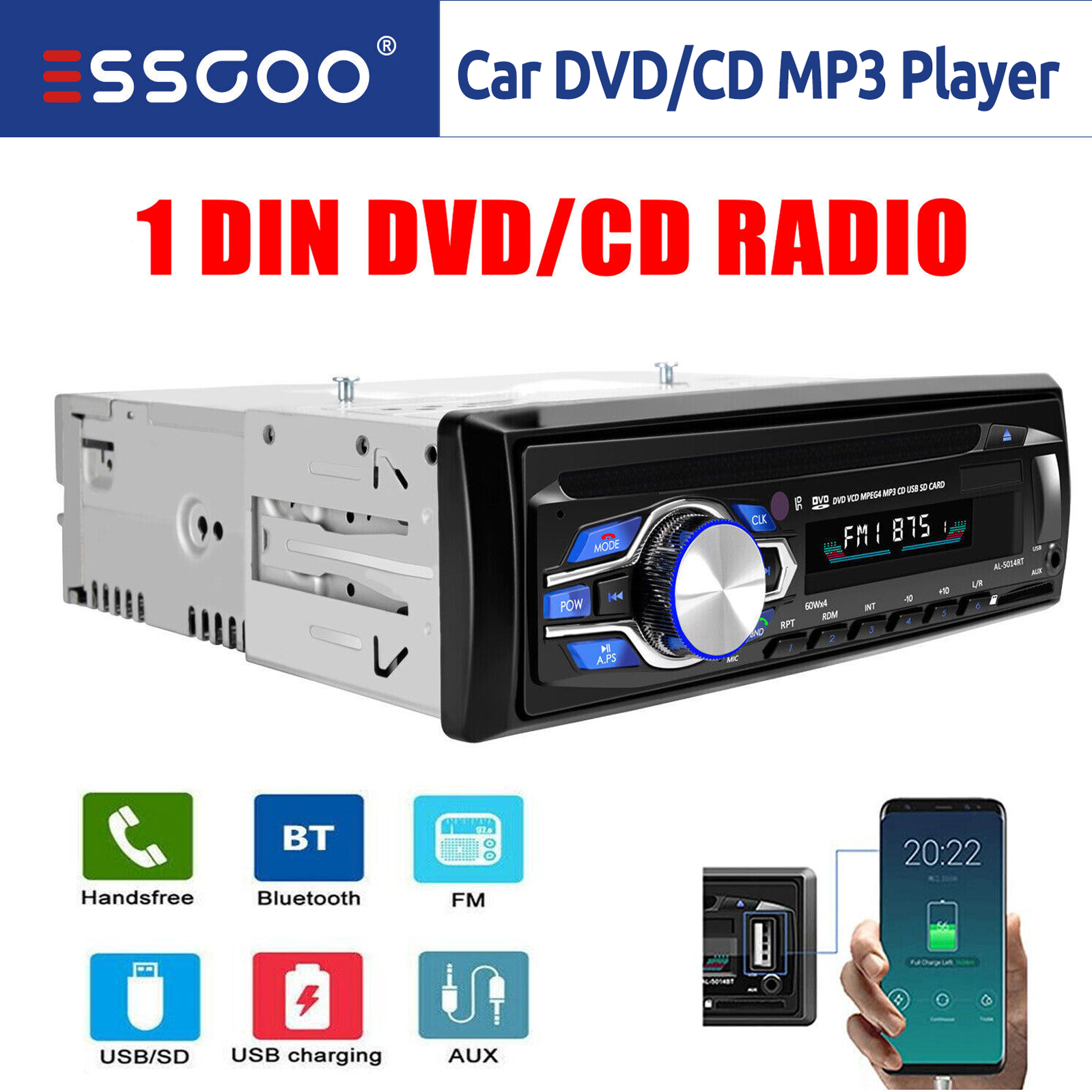 Single 1DIN Car Stereo CD/DVD Radio USB/TF/FM/AUX MP3 Bluetooth Head Unit Player