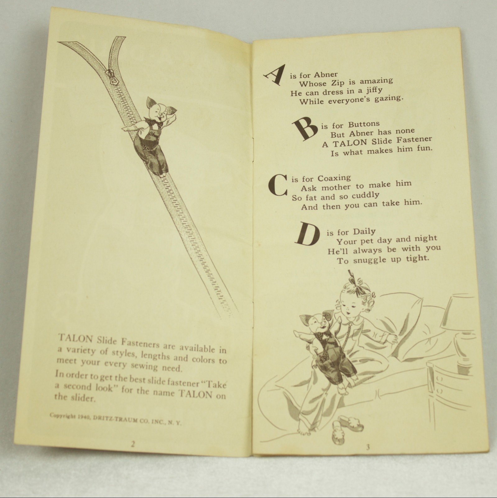 Vintage Talon Slide Fastener Zipper Booklet Lovable Abner Pig Mak A Doll Child
