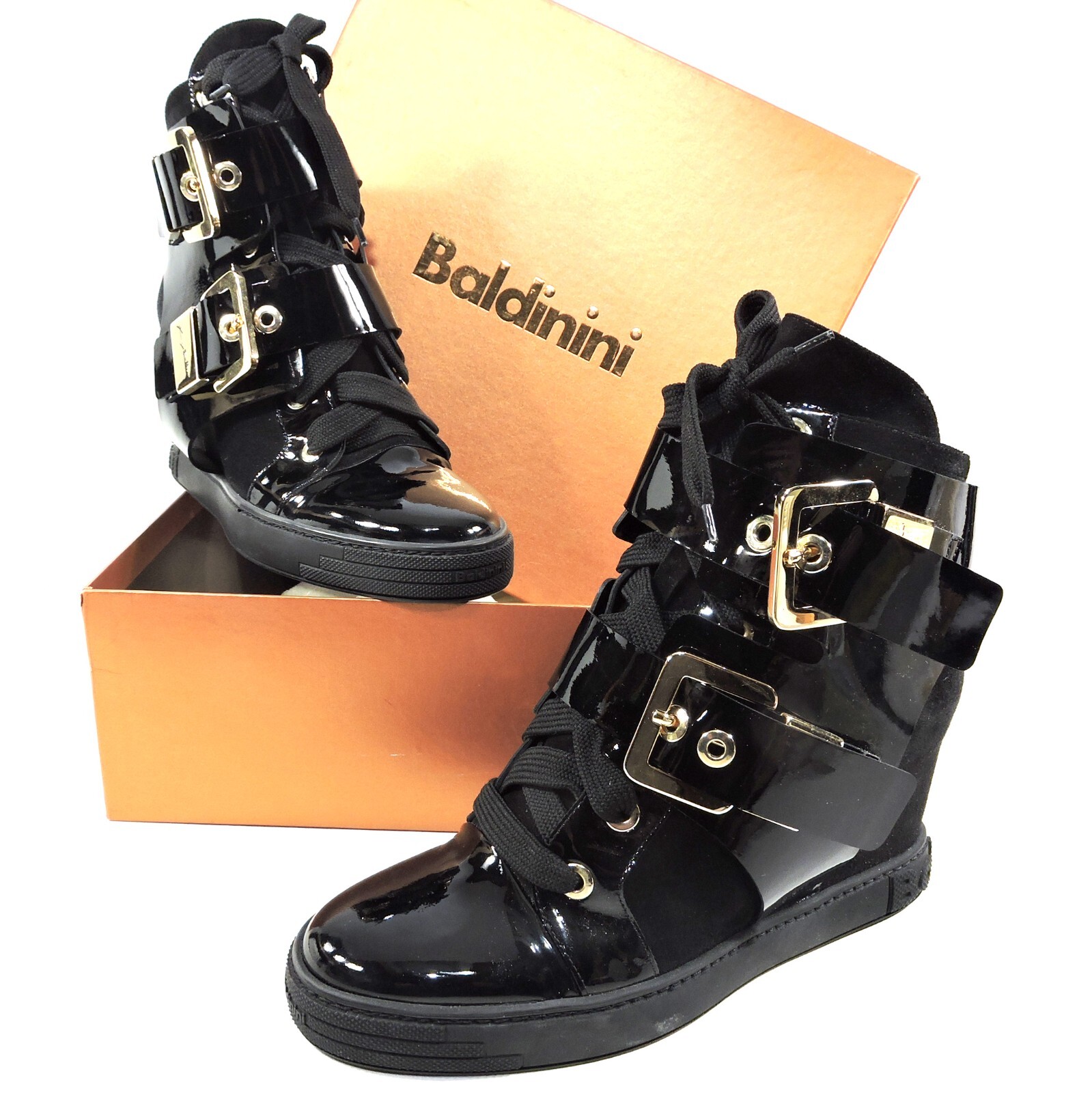 BALDININI 🇮🇹 WOMEN'S BLACK SUEDE & LEATHER WEDGE FASHION