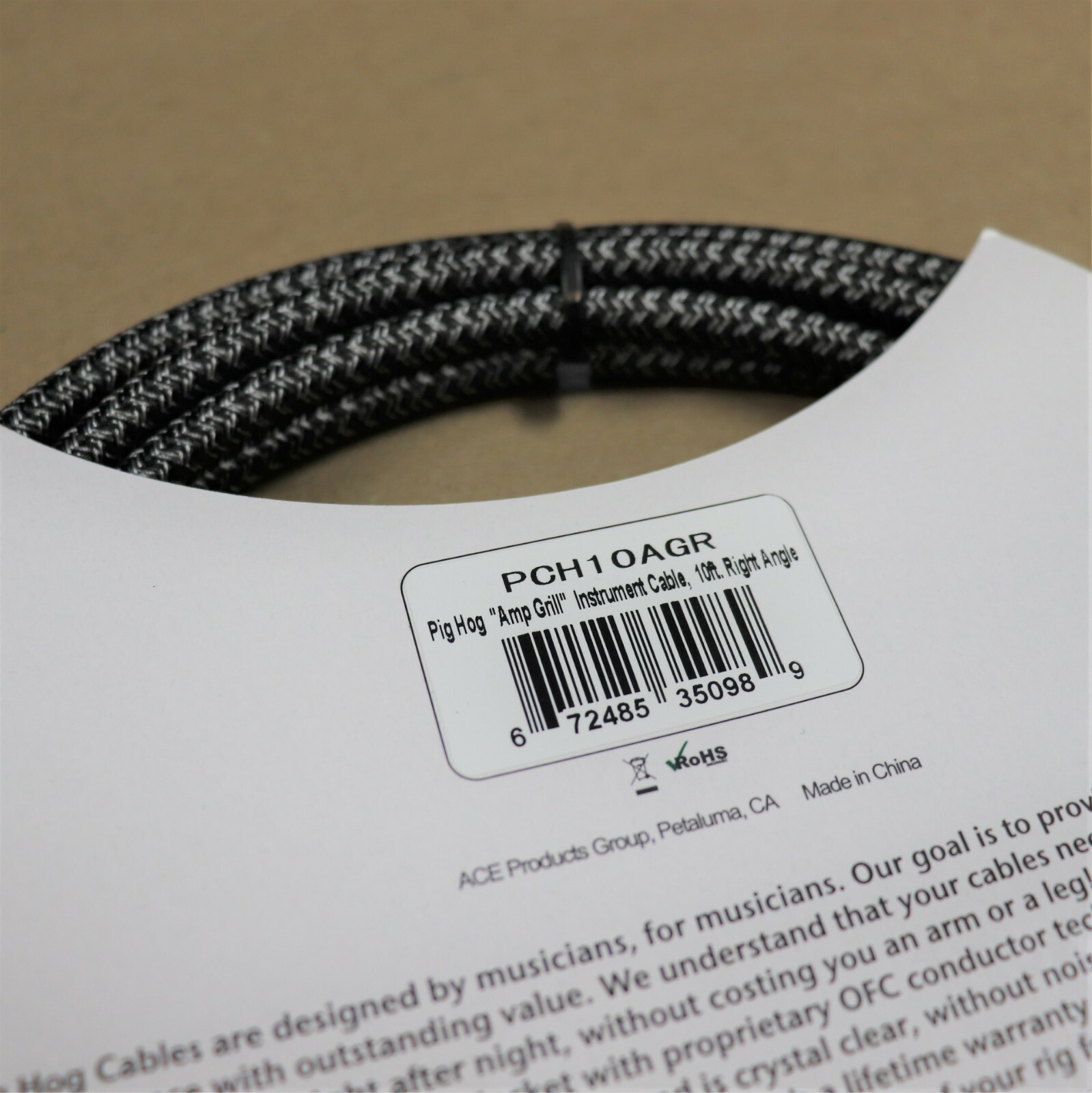 Pig Hog 10 Right Angle Vintage Woven Instrument Guitar Cable 10ft Amp Grill GRAY