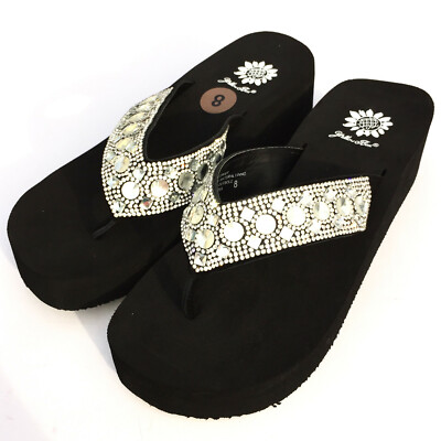Yellow Box Rise Flip Flops Multi Stone Jeweled Rhinestone Sparkle Wedge Sandals