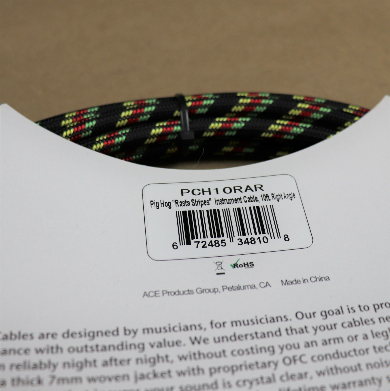 Pig Hog 10' Right Angle Vintage Woven Instrument Guitar Cable 10ft RASTA Stripes