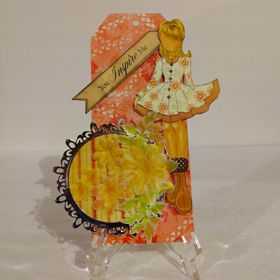 Handcrafted Mixed Media Tag. ''You Inspire Me''. Young Lady With Flowers 8x4