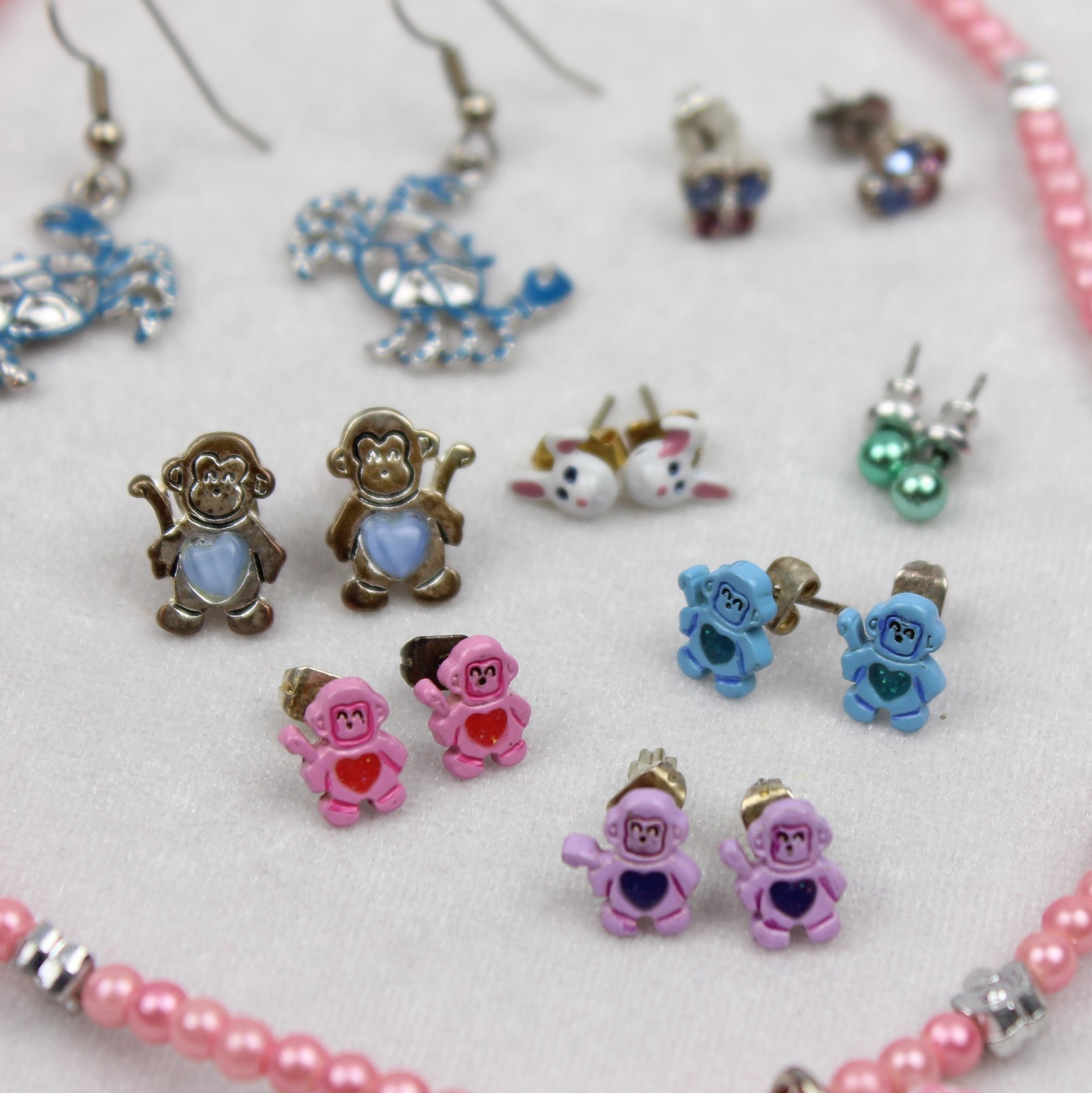Little Girls Pierced Earring Necklace Bracelet Lot Hello Kitty Monkey Hook Post