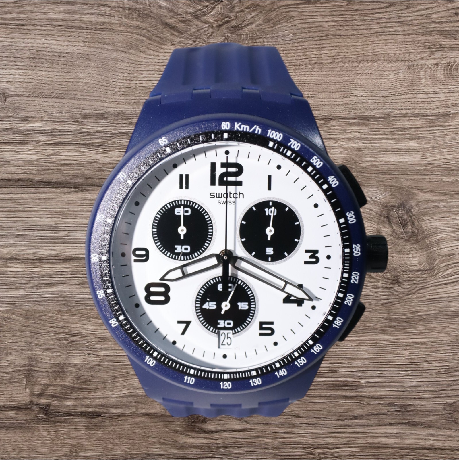 Swiss Swatch Originals TRAVEL CHOC Navy Blue Chrono Date Watch