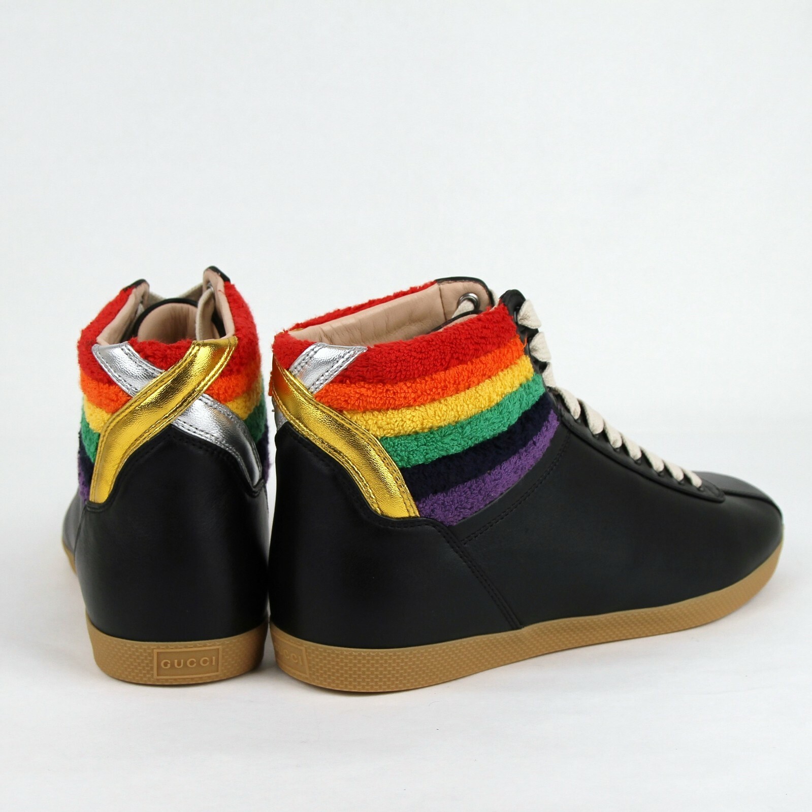 Pre-owned Gucci Authentic  Men's Black Leather Rainbow Hi-top Sneaker 473375 1079
