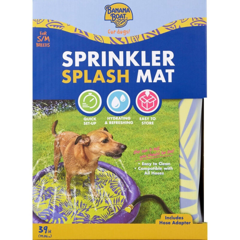 Banana Boat Sprinkler Splash Mat For Dogs S/M Breeds 39”- Pets, Refreshing & Fun