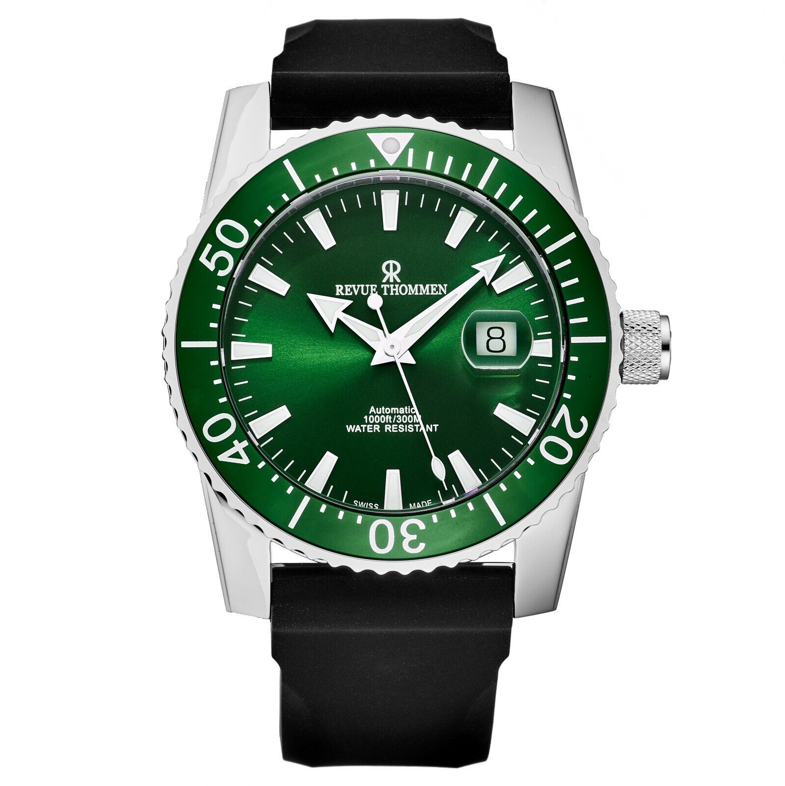 Pre-owned Revue Thommen Men's 17030.2534 'diver' Green Dial Rubber Strap Automatic Watch