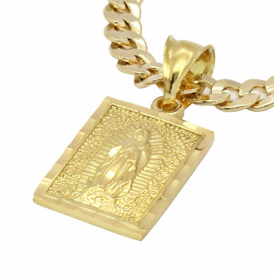Mens 18k Gold Plated Brass Guadalupe Pendant 6mm 24" Cuban Chain