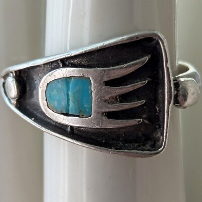 Vintage Silver Navajo Shadow Box Turquoise Chip Bear Claw Ring Size 5 Native Ame