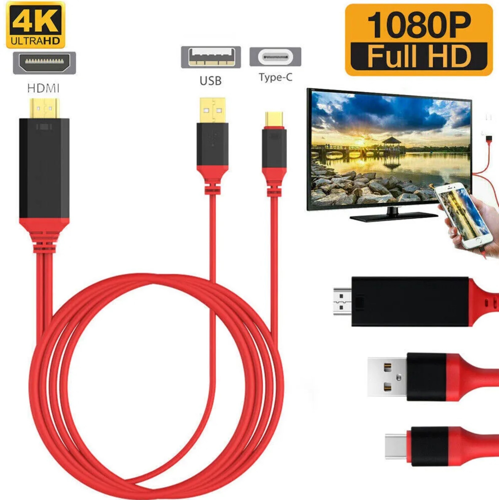USB-C to HDMI Mirror Cable Adapter Converter 4K 60Hz HDR HDTV for Samsung S8 S24