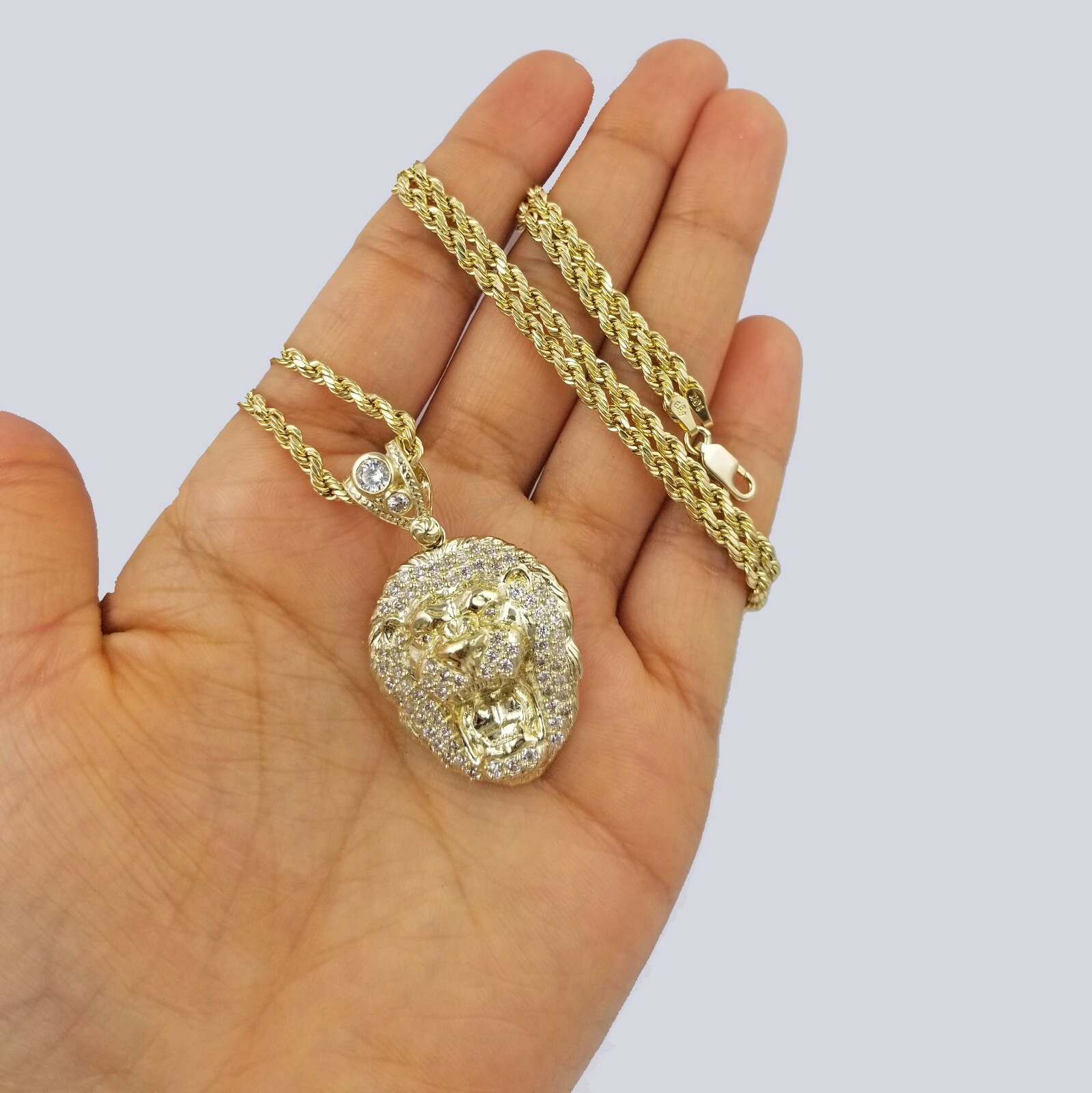 Pre-owned Globalwatches10 10k Yellow Gold Roaring Lion Head Charm Pendent With 3mm Rope Chain 20" 22" 24"