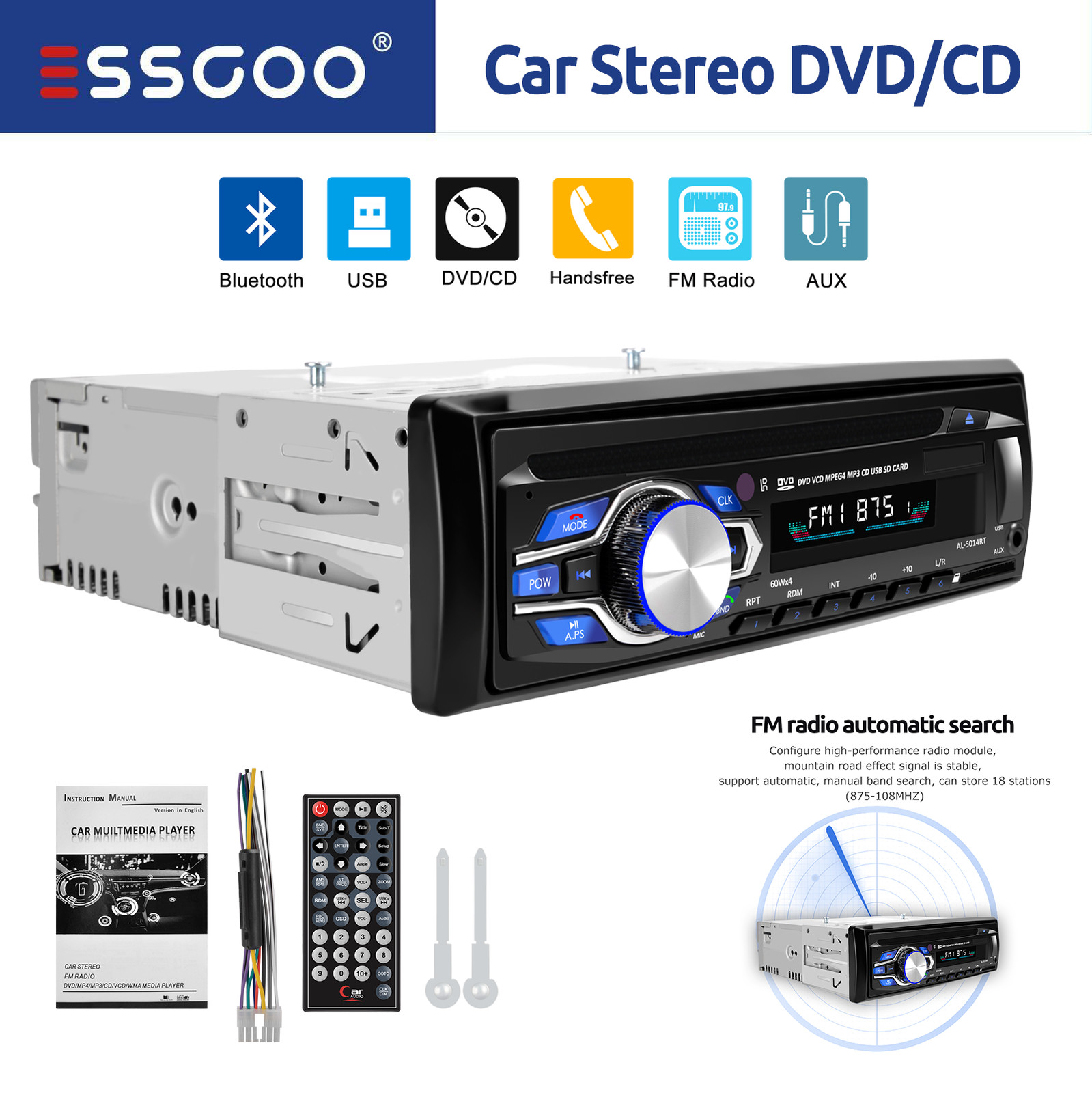 Single 1 Din Car Stereo CD DVD Radio Bluetooth USB SD AUX Audio MP3 FM AM Player