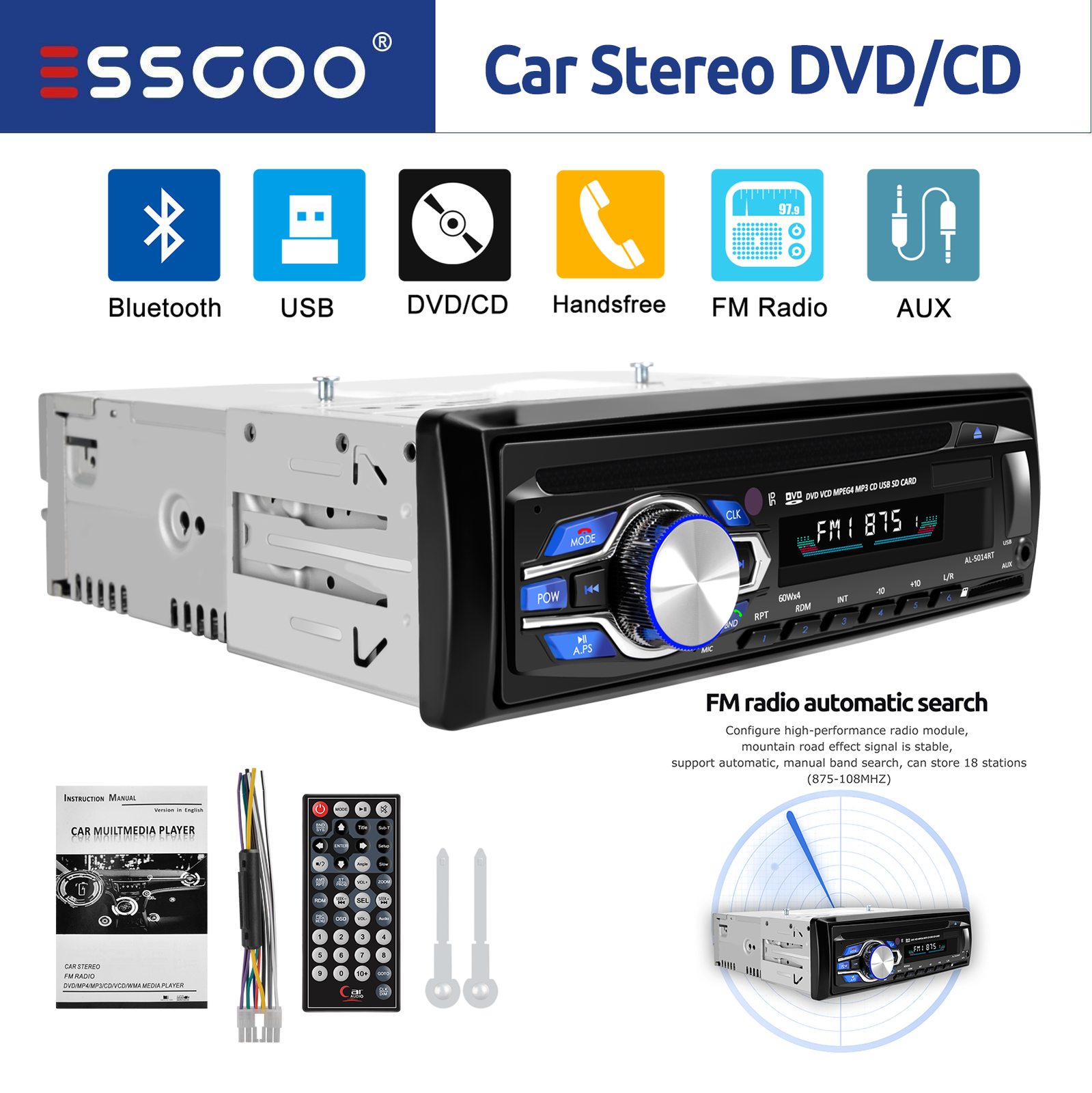 Single 1 DIN Car Stereo DVD/CD Bluetooth FM AM Radio USB SD AUX Audio MP3 Player