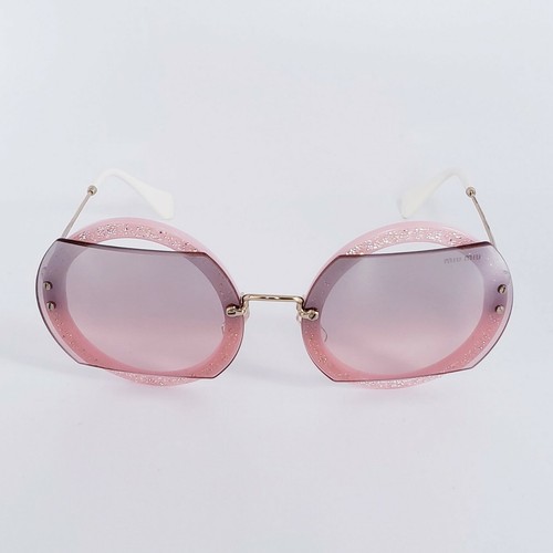 Pre-owned Miu Miu Glitter Mu 06ss Ar03-3b0 Pink Crystal Pave Round Mirrored Sunglasses In Pink Silver