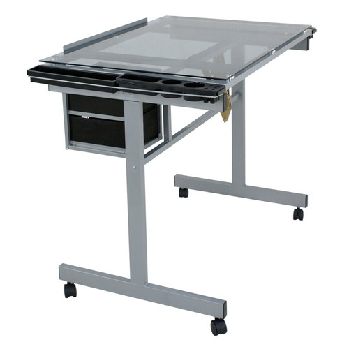 Adjustable Drafting Table Art Desk Drawing Table Glass Tabletop w/2 Slide Drawer