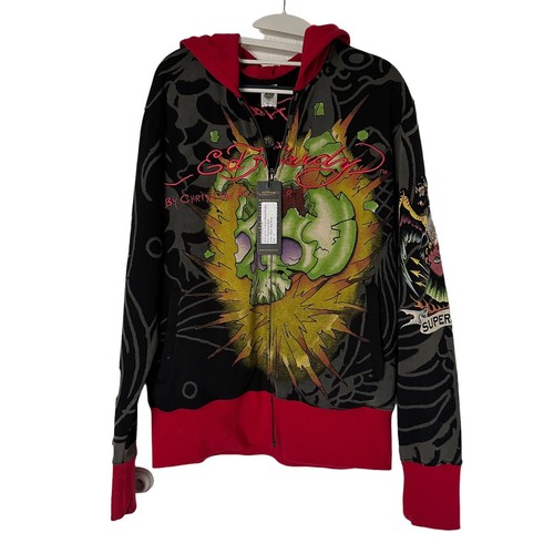 Ed Hardy パーカー barebear Ed Hardy Rare Full Zip Hoodie Sweater Graphic Red Size S