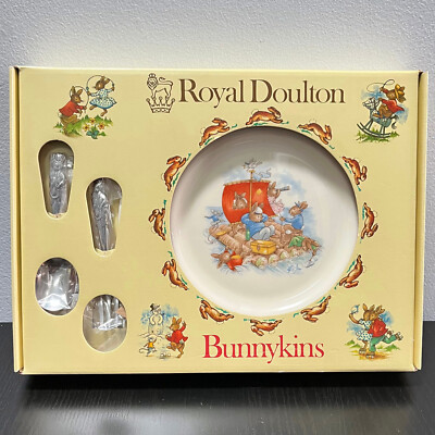 1981 Royal Doulton Bunnykins 3 Piece Growing Baby Feed Set Plate Fork Spoon MIB