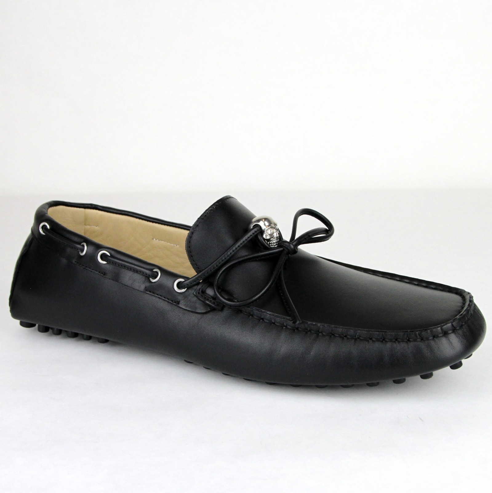 Pre-owned Alexander Mcqueen $485  Men's Black Leather Loafer With Silver Skull 389537 1000