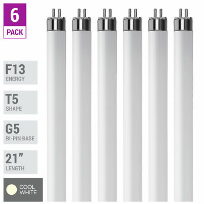 6 Pack F13T5 CW 41K Tube 21'' Inches 13W Watt Mini Bi 2-Pin G5 4100K Cool White