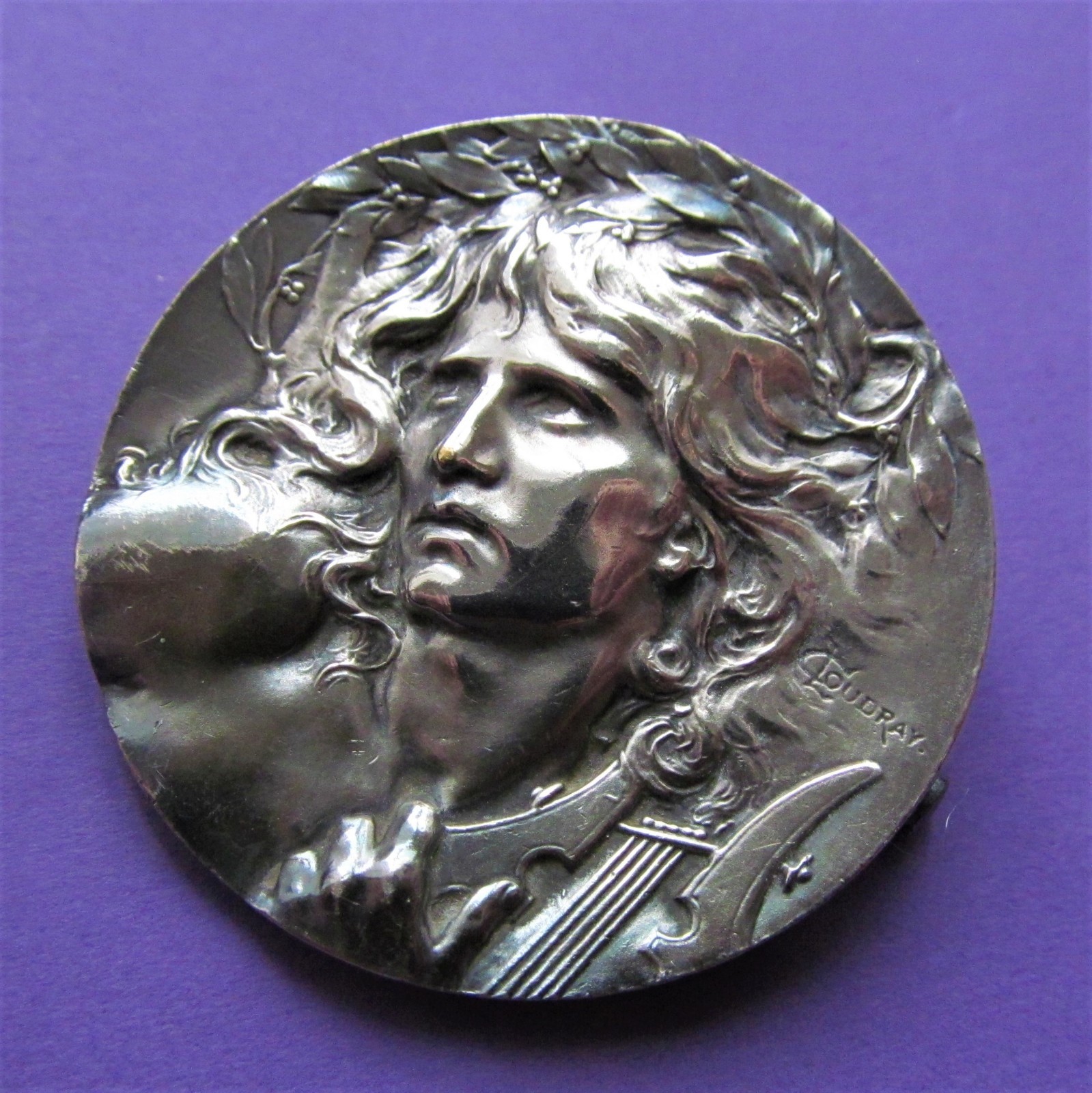 Orpheus With A Lyre Antique French Art Medal Brooch Signed Coudray