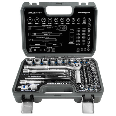 HASKYY® Gear-Lock Ratschenkasten Set 6- 12- Kant 1/4 & 3/8 Nuss Bits 4-19mm TORX