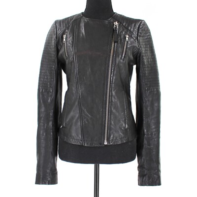Mackage Black Stitched Contrast Lamb Leather Moto Jacket XS Fitted Biker X-Small