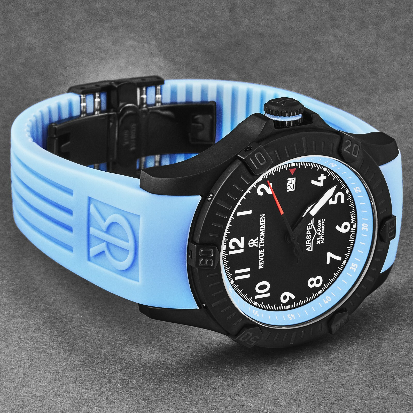 Pre-owned Revue Thommen Mens Air Speed Black Dial Blue Rubber Strap Automatic 16070.4775
