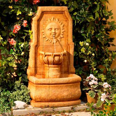 Outdoor Wall Water Fountain with Light LED 37'' 2 Tiered Sun for Yard Garden Home